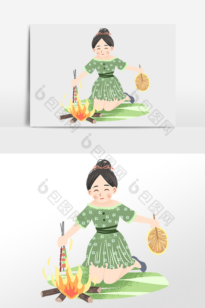 夏季户外柴火烤肉女孩插画图片图片