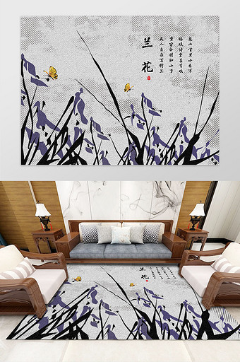 新中式手绘花鸟兰花蝴蝶地毯图案图片