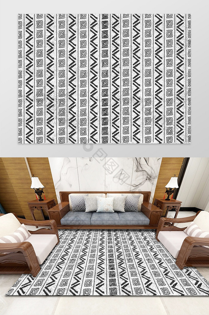 中式风格白色手绘回形纹理图案地毯