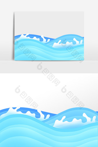 手绘蓝色大海海浪水浪插画图片