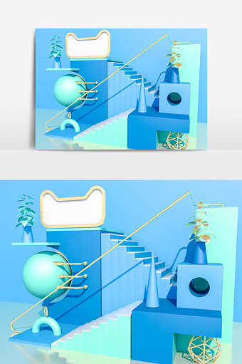 C4D蓝绿色天猫头电商场景设计（标准渲染图片