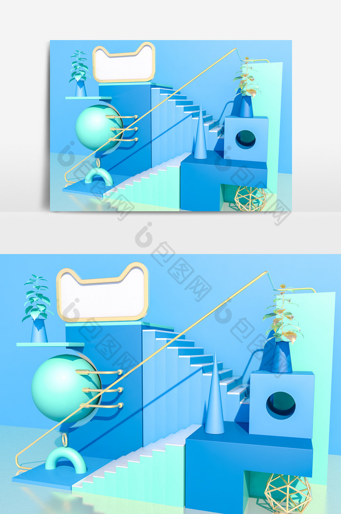 C4D蓝绿色天猫头电商场景设计（标准渲染