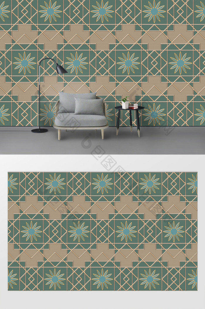 北欧简约几何烫金线条沙发背景墙装饰画