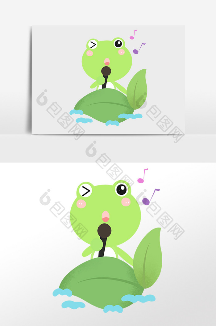 手绘可爱两栖动物绿色唱歌青蛙插画