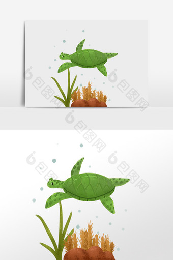 手绘卡通海洋生物绿色乌龟插画图片