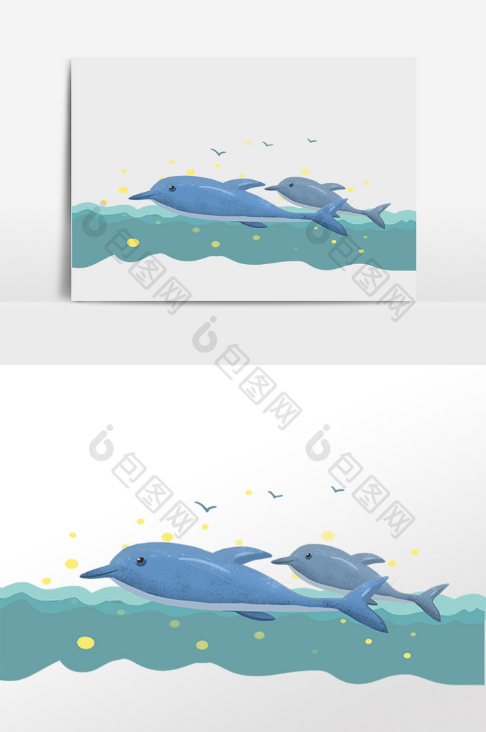 手绘卡通海洋生物两条鲨鱼插画