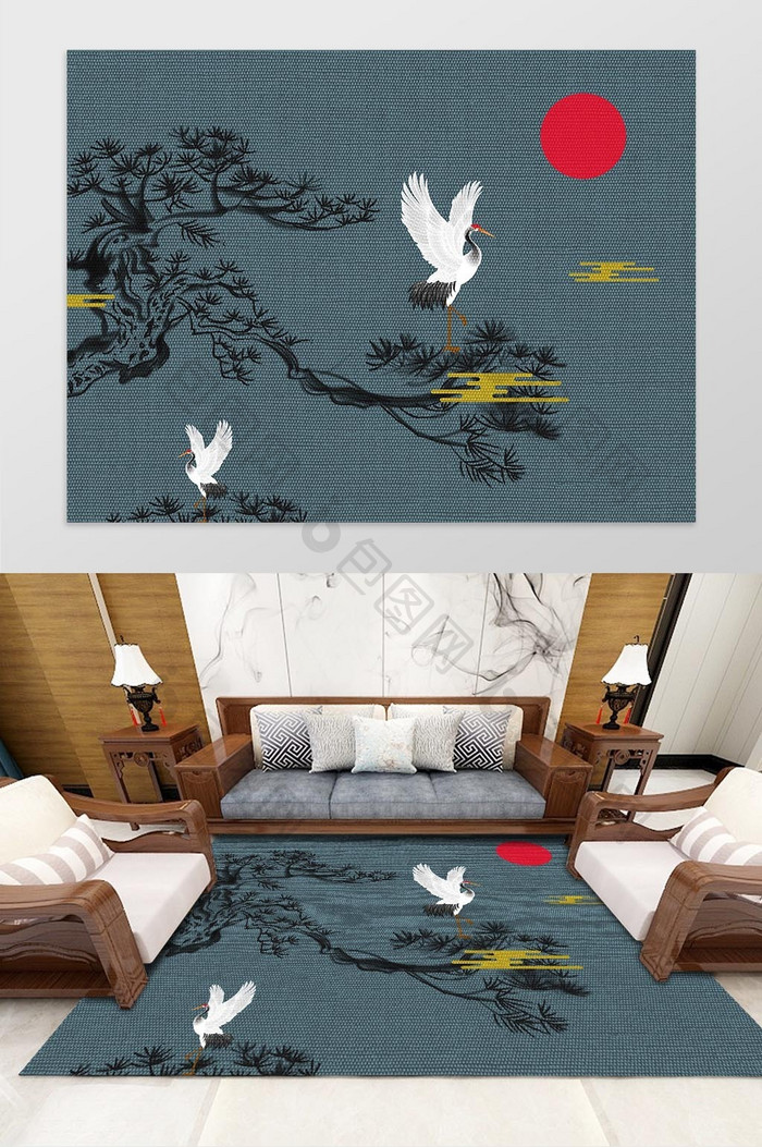 中式古典松树仙鹤祥云客厅地毯沙发垫设计