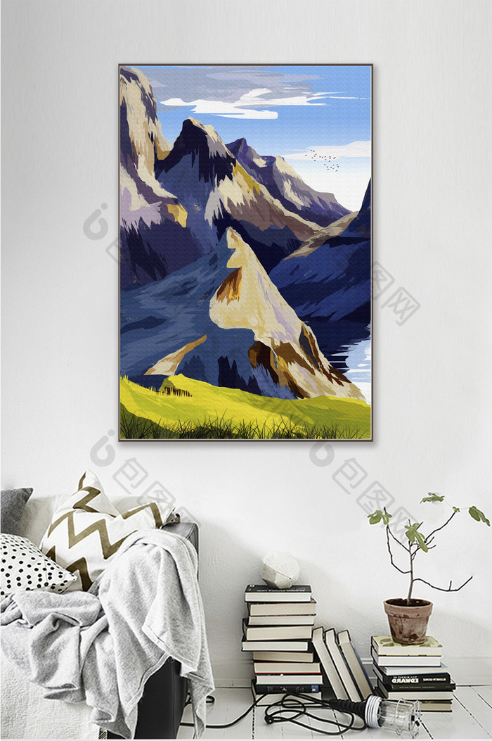 个性手绘山脉雪山风景客厅装饰画