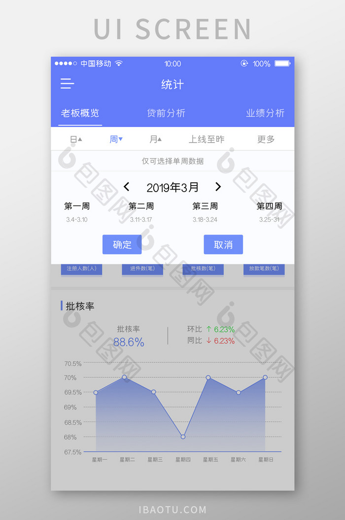 移动端蓝色数据app月份选择弹出页界面