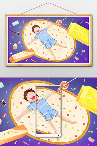 小男孩遨游零食世界的愿望插画图片