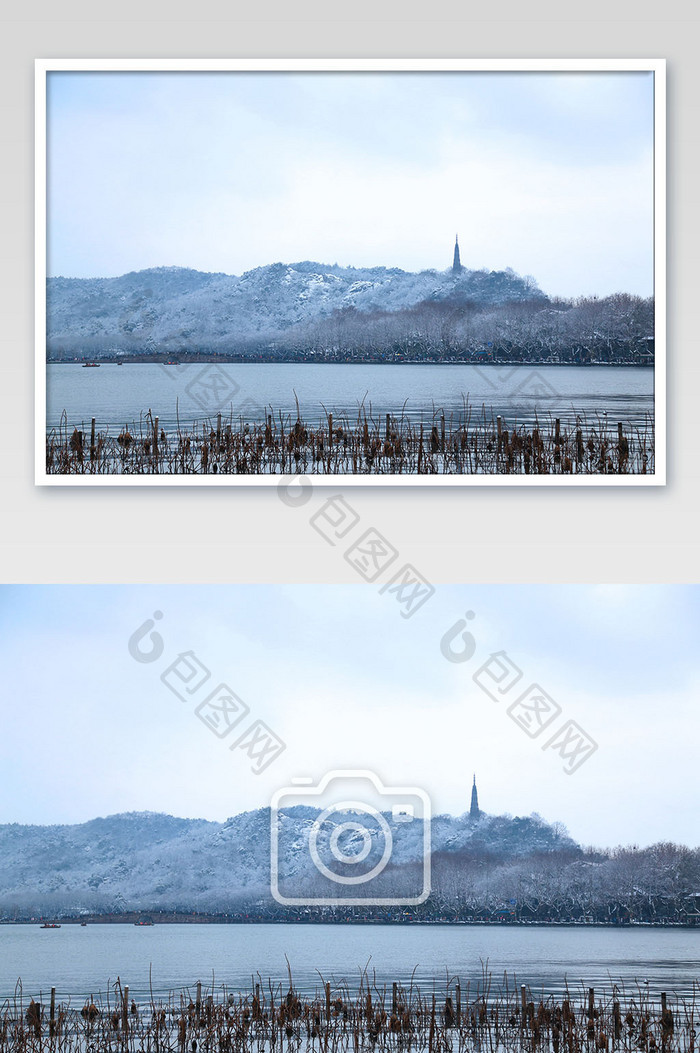 远眺西湖雷峰塔雪景摄影图片