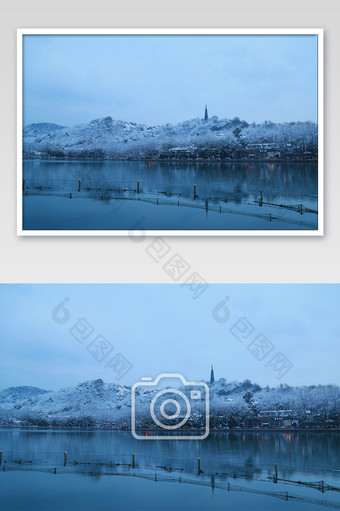蓝调西湖雪景晚间摄影图图片