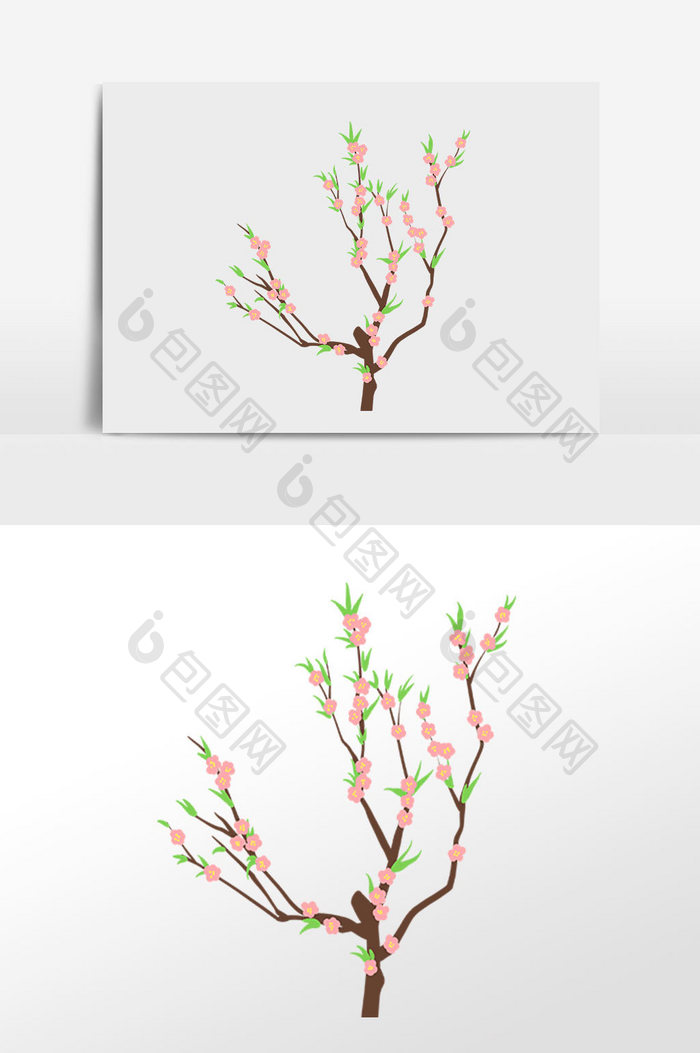 手绘春季植物粉色桃花树木插画