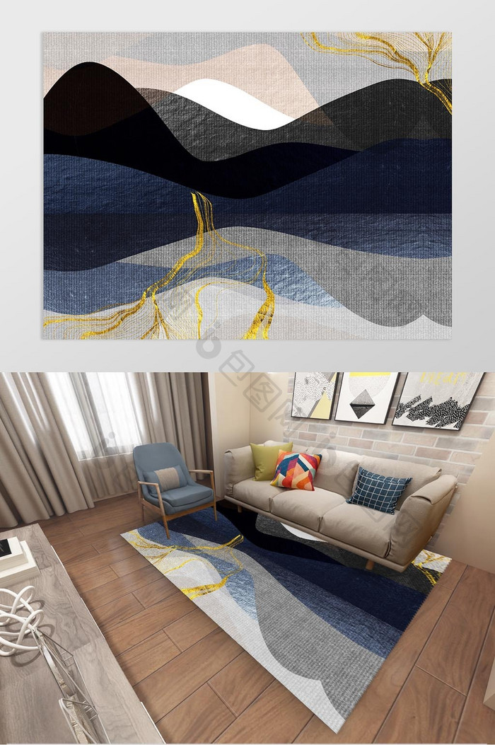 现代时尚抽象曲线金色线条客厅沙发垫地毯