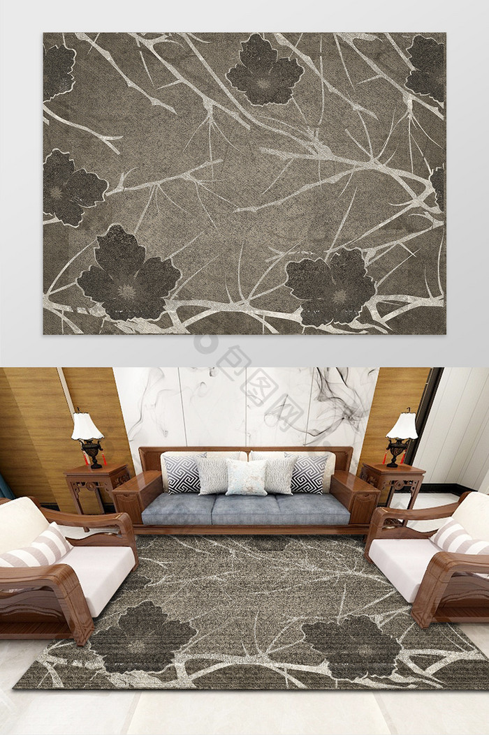 褐色中式风格植物叶子纹理图案地毯