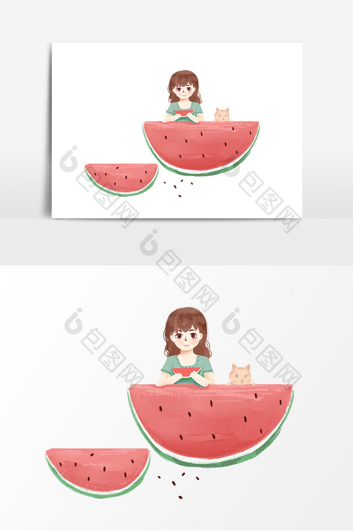 清凉夏季可爱女孩吃西瓜插画元素