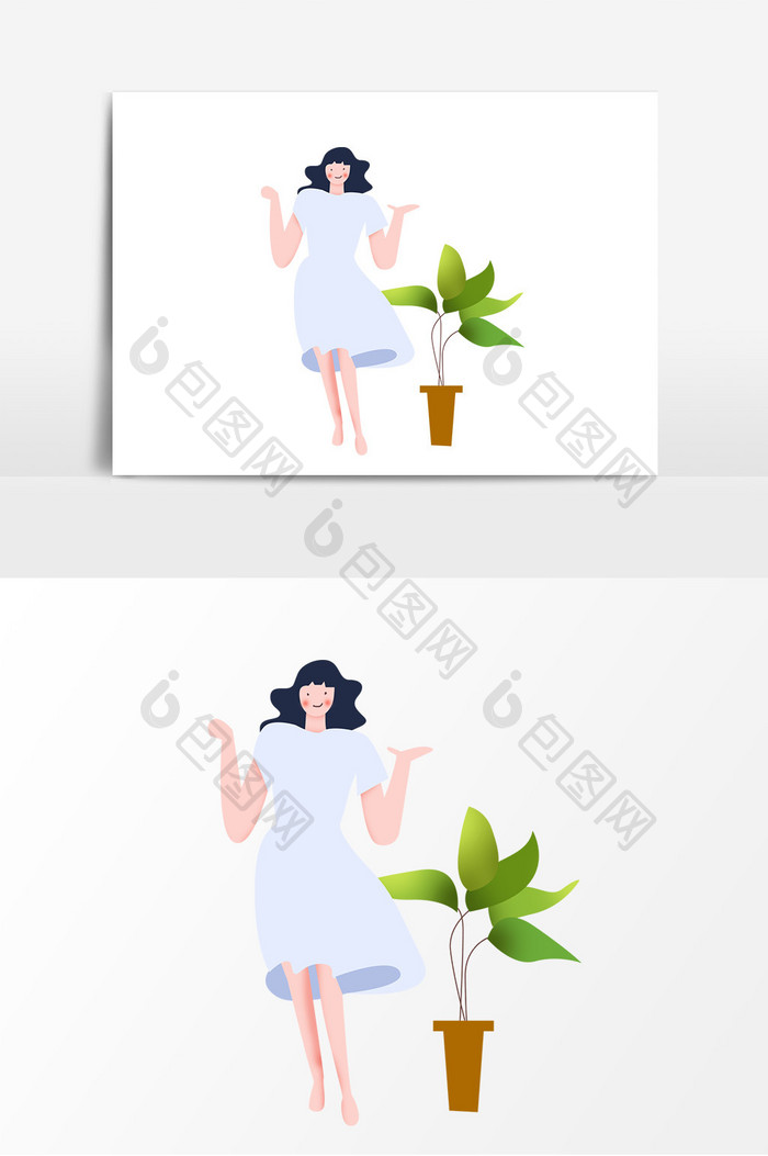 手绘女孩人物植物插画装饰元素