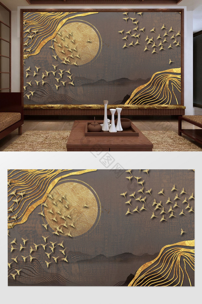 飞鸟抽象水墨金箔客厅装饰画晶瓷画