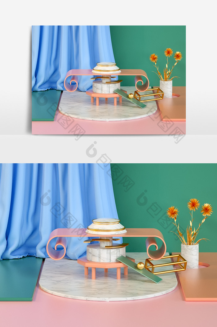 C4D蓝绿色电商小场景模型(oc渲染)