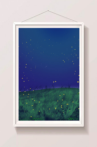 手绘草地上的萤火虫插画背景图片