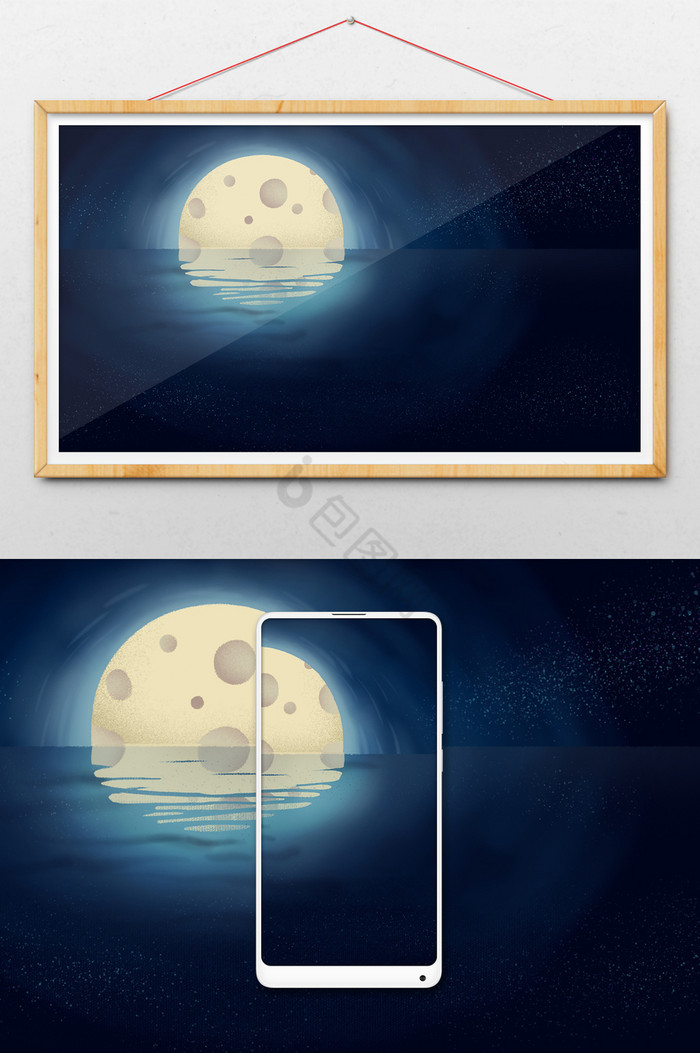 水中月亮插画图片
