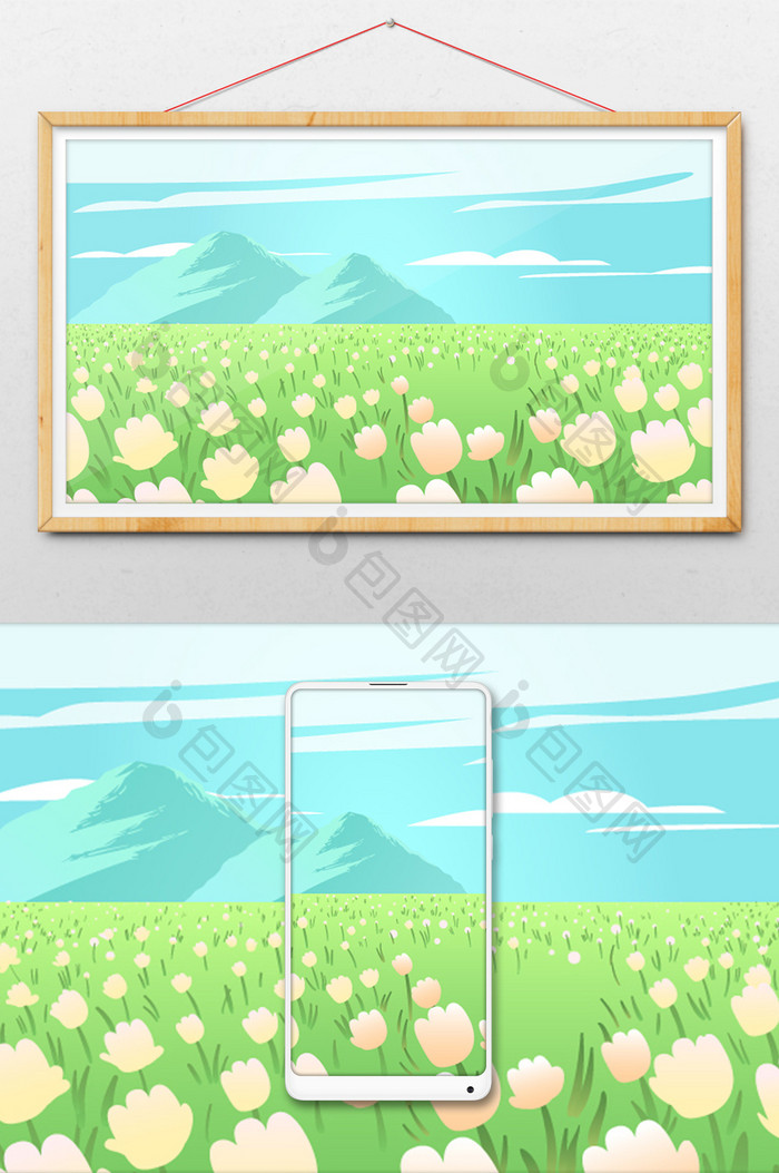 手绘开满鲜花的草地插画背景