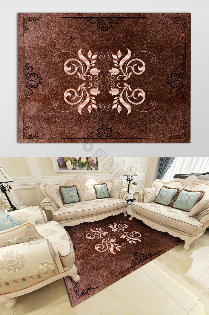欧式风格褐色印花图案地毯图片