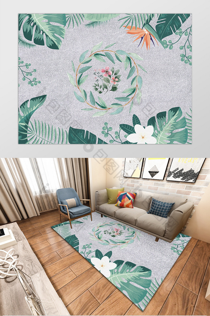 北欧风清新植物叶子纹理地毯图片图片