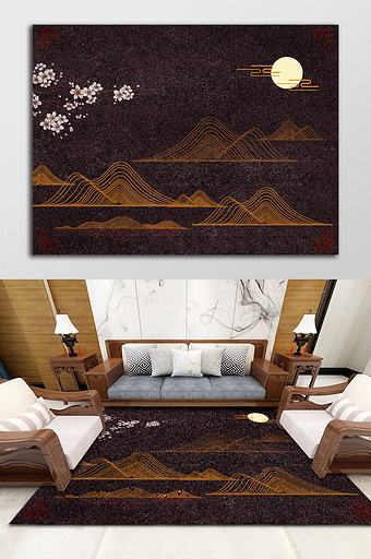 褐色新中式山水花朵图案地毯图片