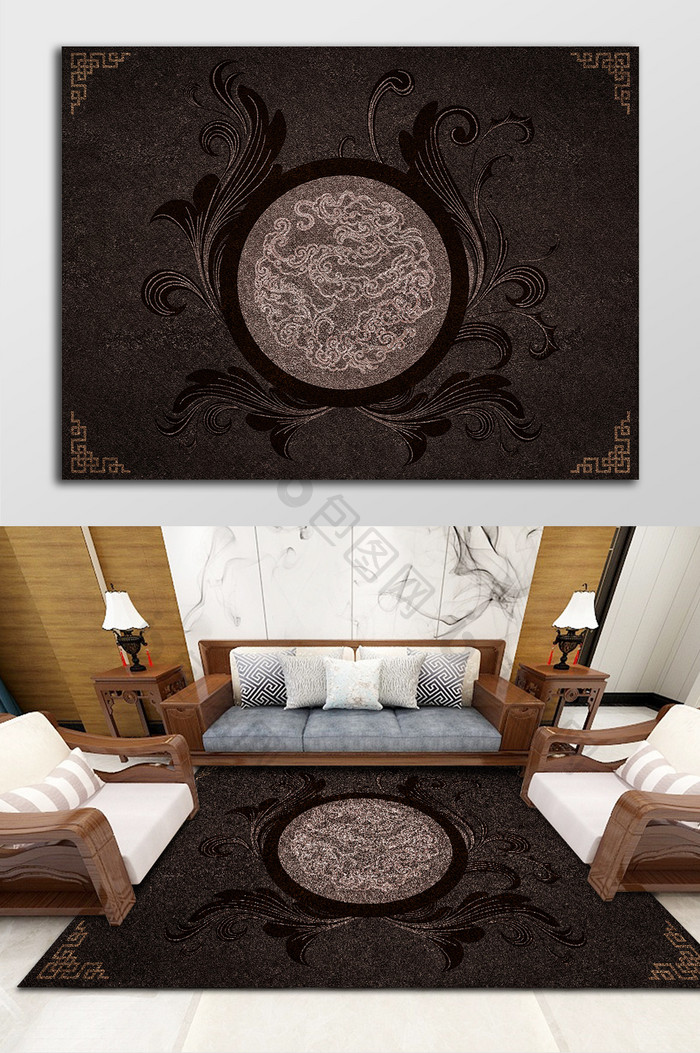 新中式古典图案印花地毯