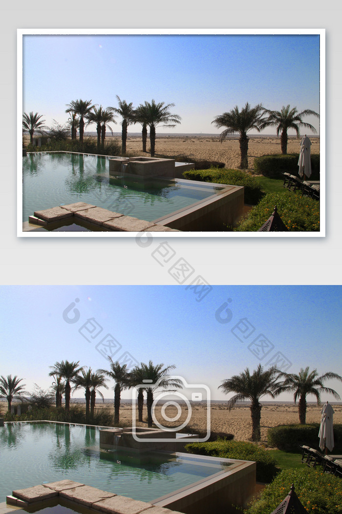 休闲度假酒店泳池蓝色椰子树摄影图