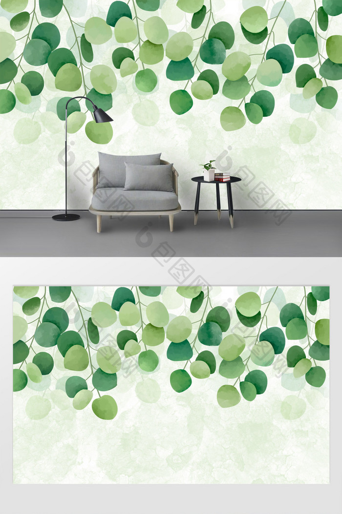 北欧手绘清新植物叶子装饰画室内背景墙