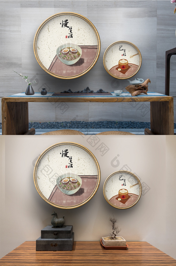 新中式手绘民俗面条包子餐厅装饰画