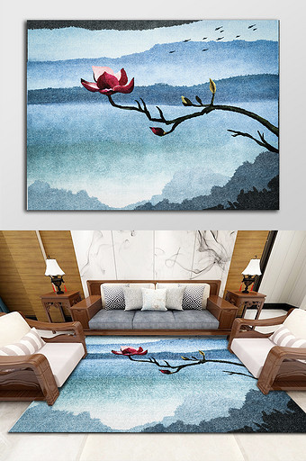 中式风格水墨玉兰花山水图案地毯图片