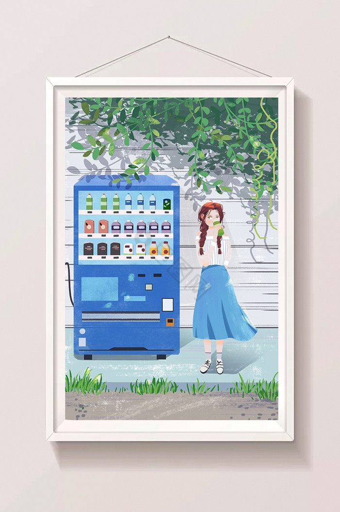 夏至节气自动贩卖机冷饮女孩插画图片