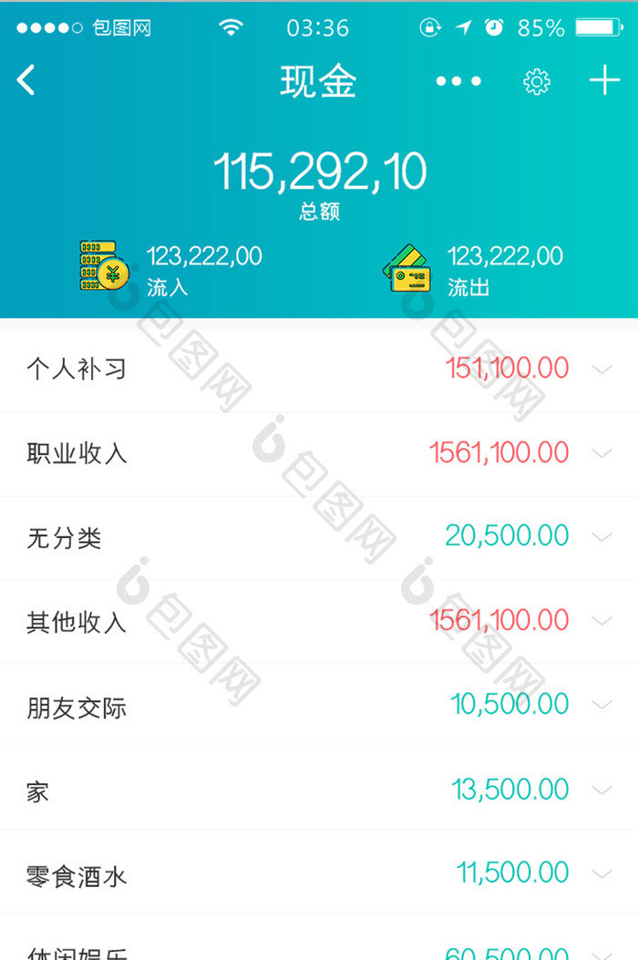 渐变绿色扁平简约现金支出明细UI移动界面