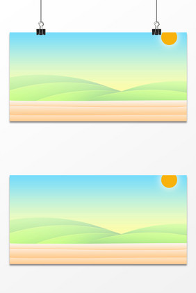 手绘卡通清新夏天风景天空绿地旅游背景