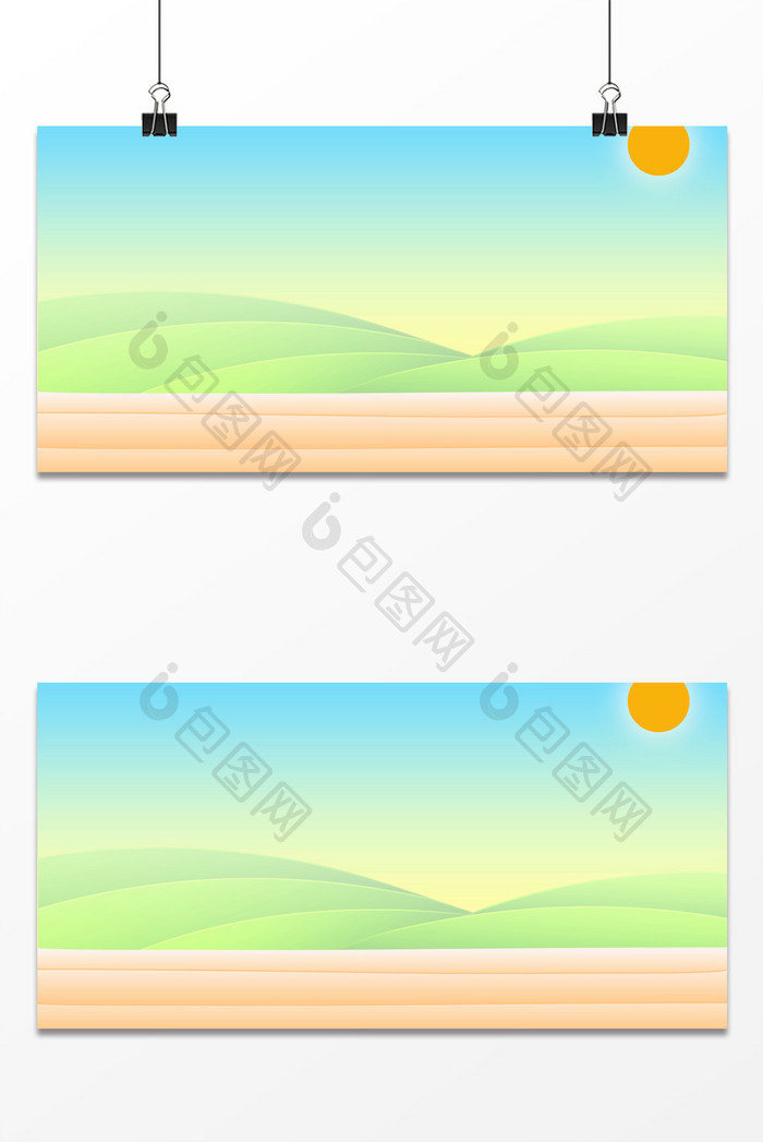 手绘卡通清新夏天风景天空绿地旅游背景