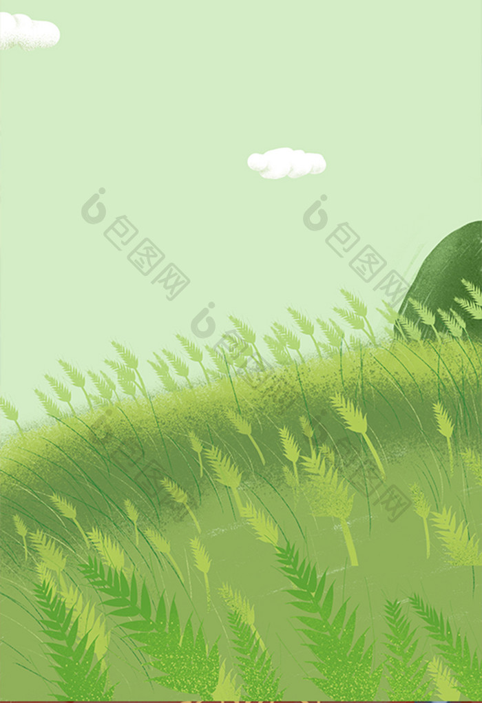 手绘春天山坡上的小草插画背景