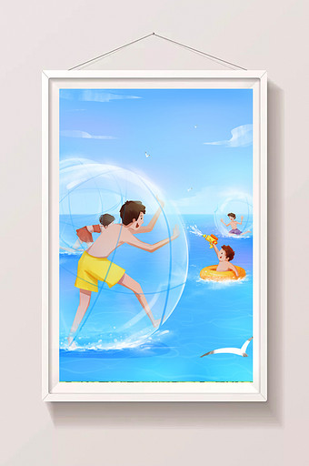 海上玩水上步行球插画图片