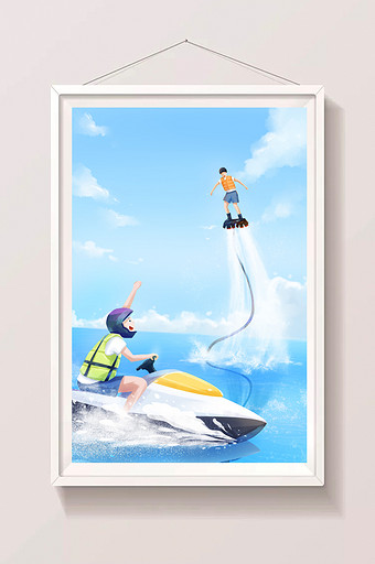 青年假日蓝色海洋上玩水上飞板摩托插画图片