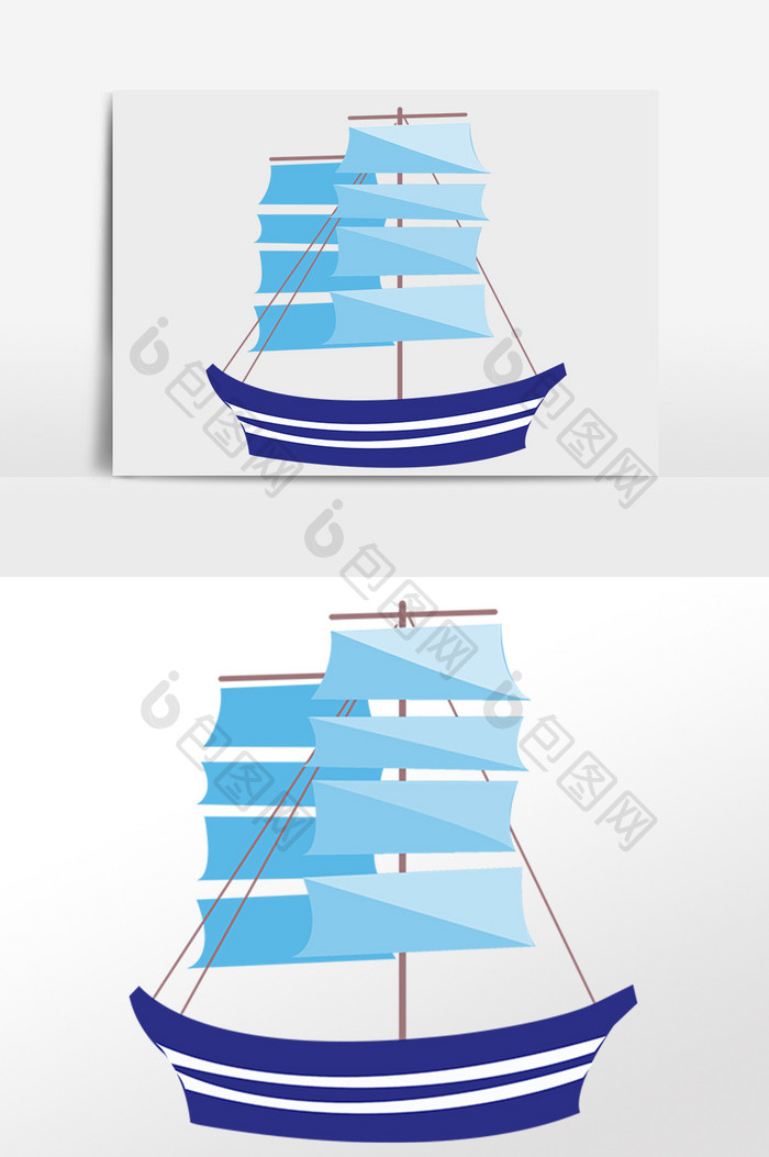 手绘大海运输蓝色帆船插画