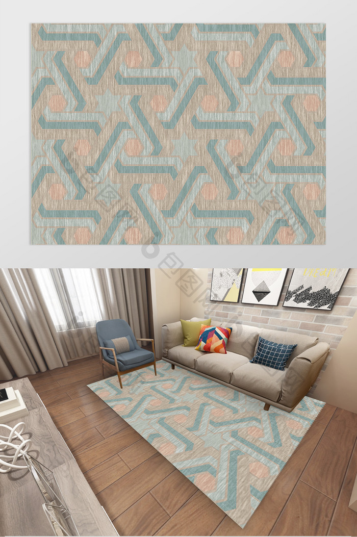 北欧简约线条四色布纹地毯图案设计