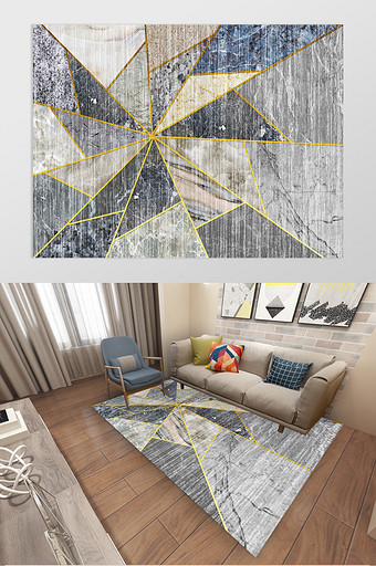 现代北欧几何抽象多边形大理石客厅地毯图案图片