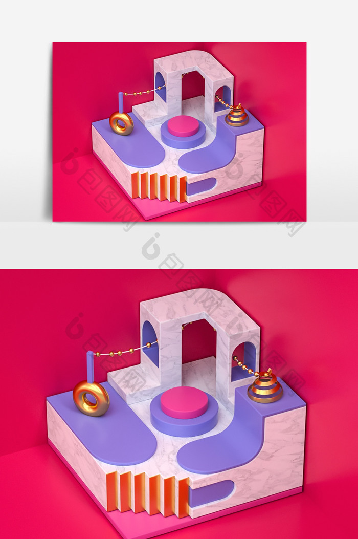 C4D红色几何立体小场景（oc渲染）