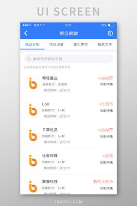 蓝色全套投融资APP竞品分析UI移动界面