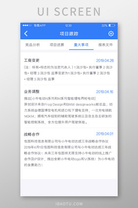 蓝色全套投融资APP重大事项UI移动界面
