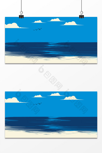蓝色大海蓝天飞鸟简笔画手绘度假夏天背景图片