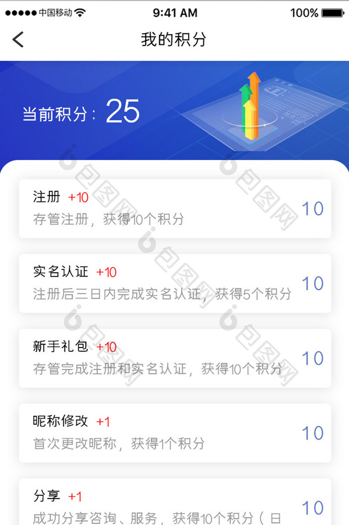 蓝色简约金融理财app我的积分移动界面