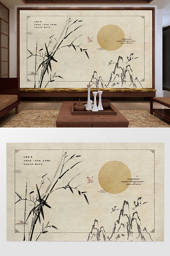 新中式石头竹子小鸟背景墙图片
